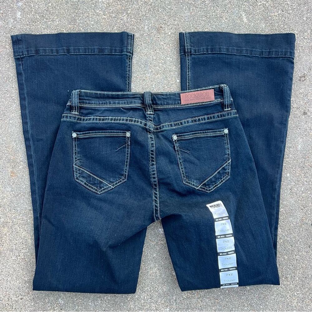 Rock & Roll Cowgirl Trouser Stretch Mid Rise Dark Blue Women Jeans 27x32 NEW